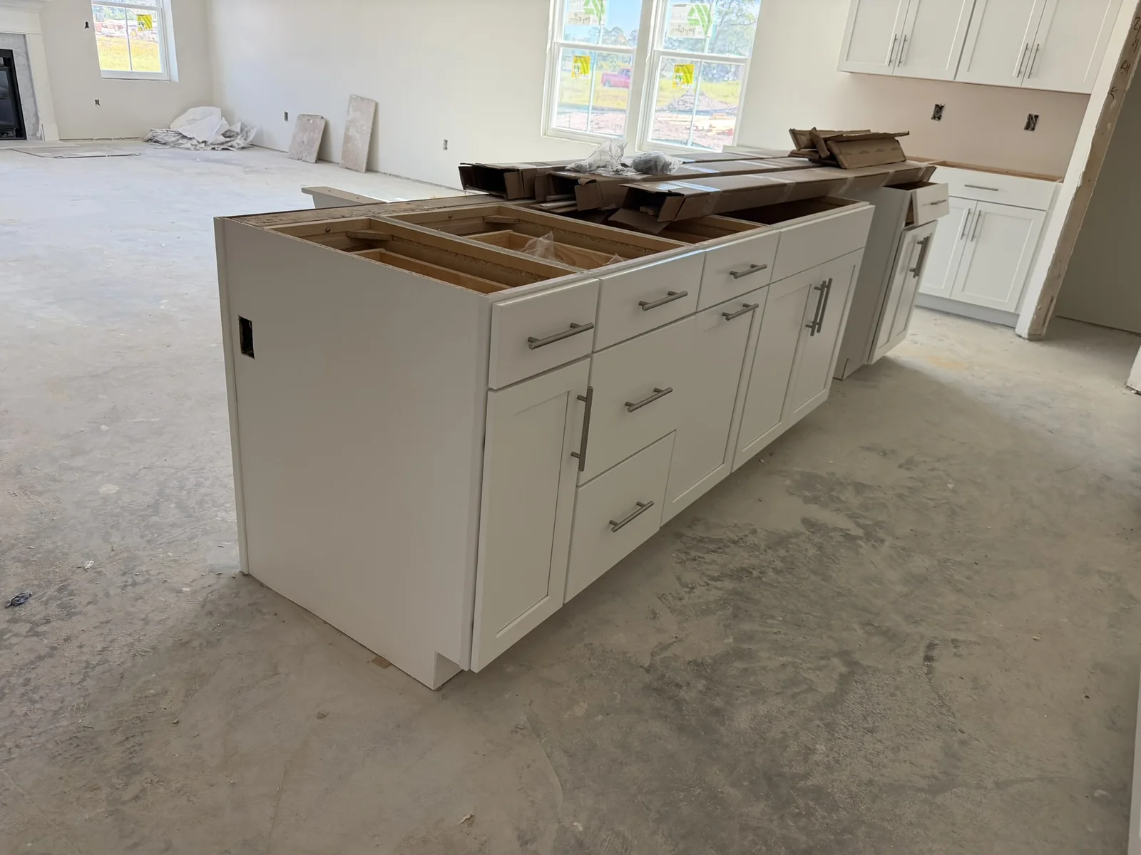 Kitchen island drawer and door fronts before countertop installation